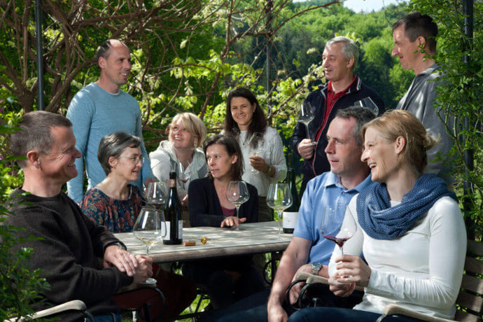 Famous natural wine makers from austria on one picture drinking their wine - Werlitsch, Tauss, Tscheppe, Strohmeier and Muster