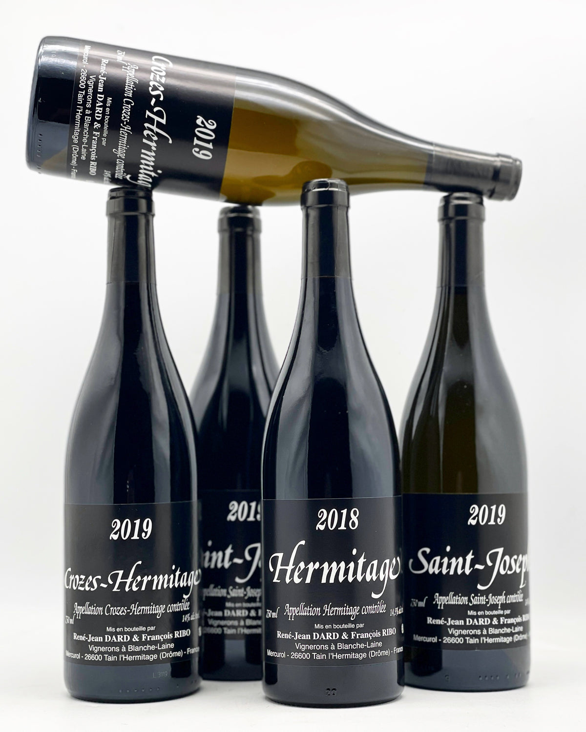 Four bottles of Dard et Ribo natural wine from the northern Rhône, Crozes-Hermitage, Saint-Joseph and Hermitage