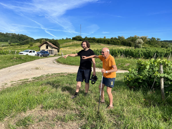 Walking the vines at Pupillin in the Jura, above the Maison Pierre Overnoy cellars